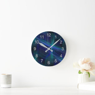 Abstract Dark Blue Green Mist Fractal Round Clock