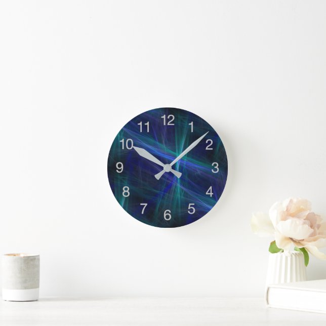 Abstract Dark Blue Green Mist Fractal Round Clock (Home)