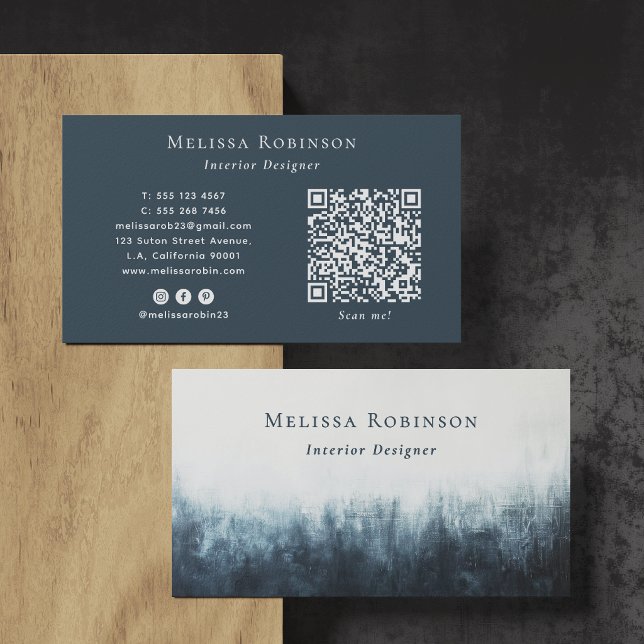Abstract Dark Blue Grunge & White Custom QR Code Business Card (Creator Uploaded)