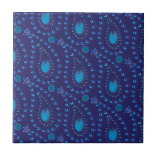 Abstract Dark Blue Paisley Tulip Floral pattern Tile