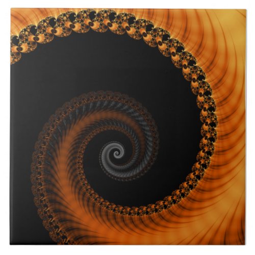 Abstract dark golden orange spiral fractal pattern ceramic tile