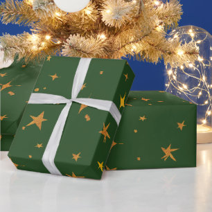 Abstract Dark Green with Golden Stars   Wrapping Paper