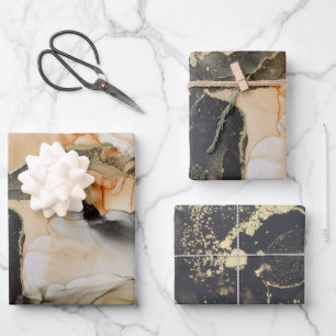 Abstract Dark Moody Black Gold Alcohol Ink Wrapping Paper Sheets
