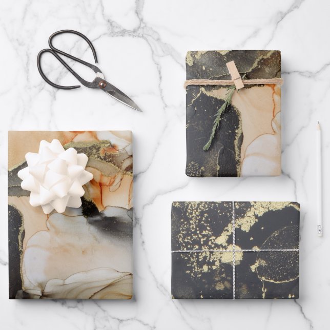 Abstract Dark Moody Black Gold Alcohol Ink Wrapping Paper Sheets (Front)