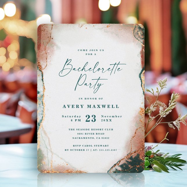 Abstract Dark Teal & Copper Bachelorette Party Invitation (A chic invitation featuring a dark teal background with copper accents.)