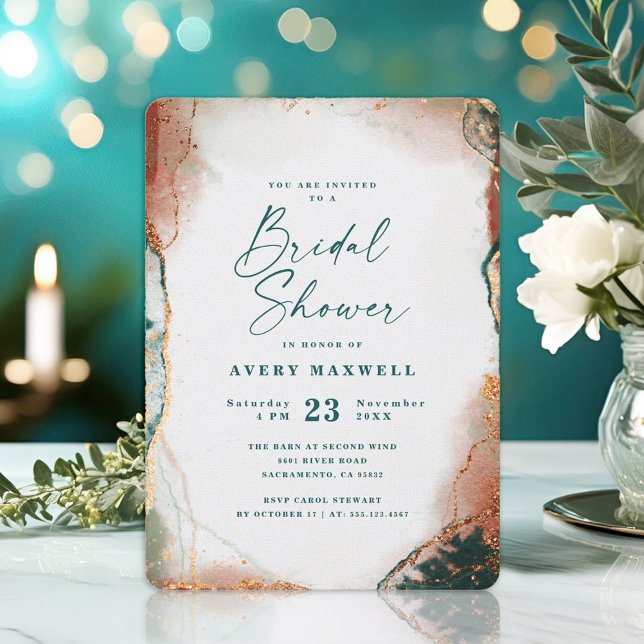 Abstract Dark Teal & Copper Fall Bridal Shower Invitation (A chic invitation featuring a blend of teal and copper, perfect for celebrating a bridal shower.)