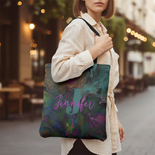 Abstract Dark Teal & Purple Liquid Paint Monogram Tote Bag