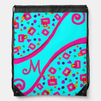 ABSTRACT DECO MONOGRAM Blue Pink Fuchsia Swirls Drawstring Bag