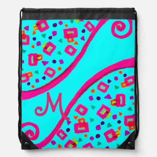 ABSTRACT DECO MONOGRAM Blue Pink Fuchsia  Swirls Drawstring Bag (Front)
