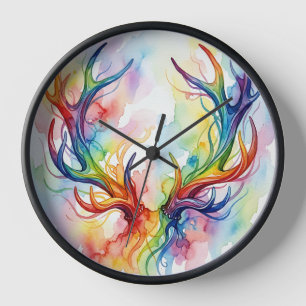 Abstract Deer Antler Rainbow Watercolor Art Clocks