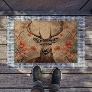 Abstract Deer Flower Watercolor Painting Fiber Doormat
