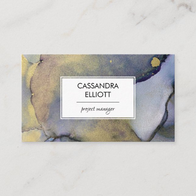 Abstract Denim Blue & Gold Alcohol Ink Liquid Art Business Card (Front)