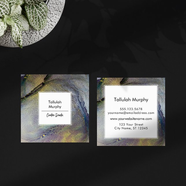 Abstract Denim Blue & Gold Alcohol Ink Liquid Art Square Business Card (Creator Uploaded)