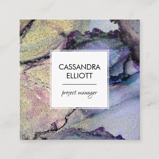 Abstract Denim Blue & Gold Alcohol Ink Liquid Art Square Business Card (Front)