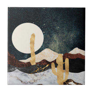 Abstract Desert Night Sky with Golden Cactus Ceramic Tile