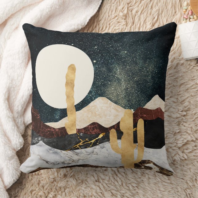 Abstract Desert Night Sky with Golden Cactus Throw Pillow (Blanket)