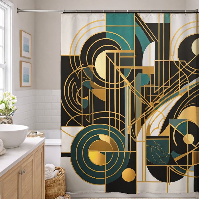 Abstract Design Black Gray Gold Teal Shower Curtain (Creator Uploaded)