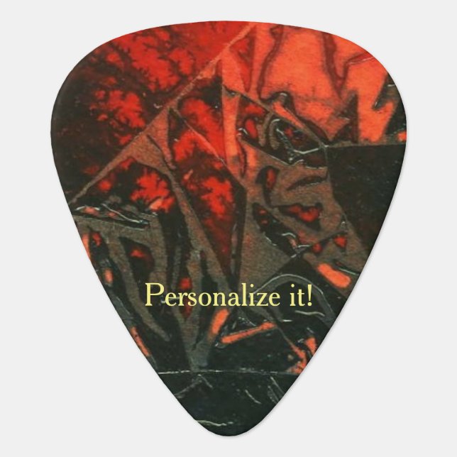 Abstract design black on red, lava, fire guitar pick (Front)