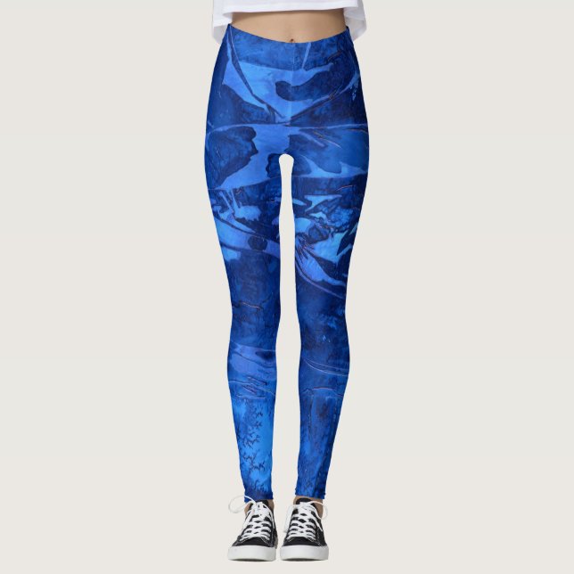 Abstract design, deep water ocean blues leggings (Front)