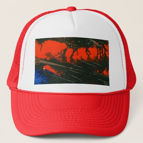 Abstract design in hot red  cool blue trucker hat