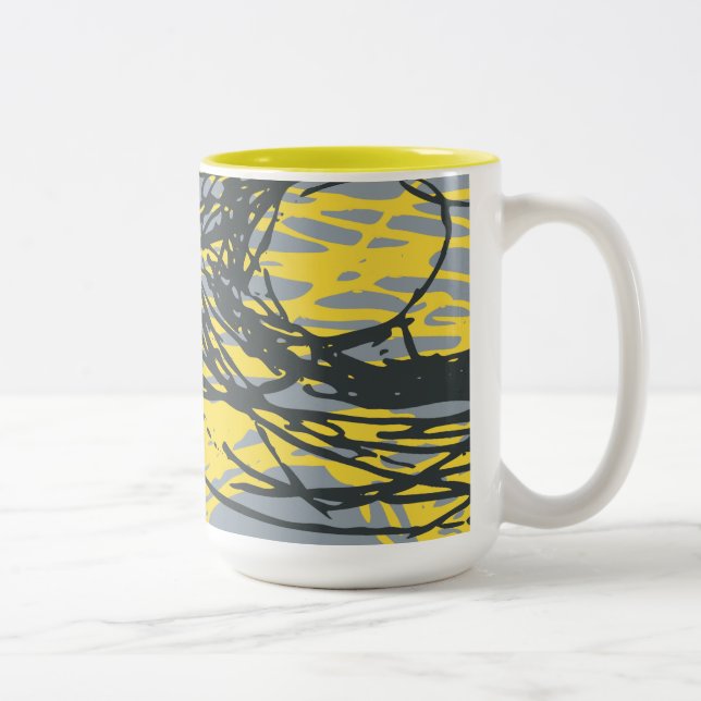 Abstract design in white, yellow and gray Two-Tone coffee mug (Right)