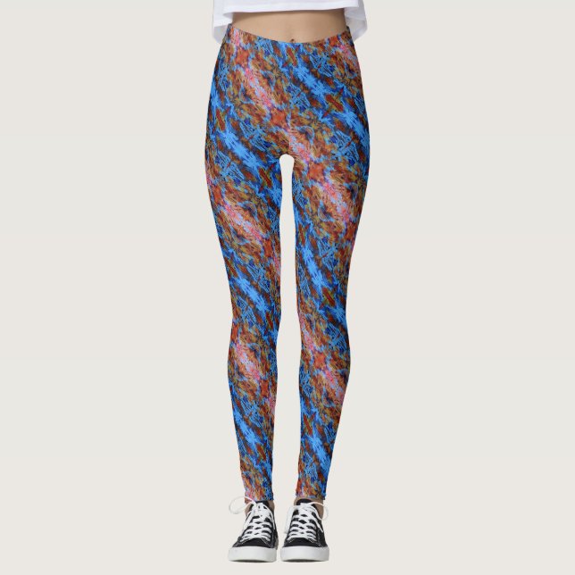 Abstract design of blue & pink spiraling stripes leggings (Front)