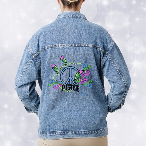 Abstract Design Peace Sign Scrolls Pink Stars Denim Jacket