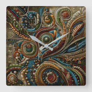 Abstract Design Red Blue Gold Green Square Wall Clock