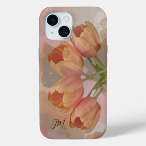 Abstract design w orange tulips  custom Initials iPhone 15 Case