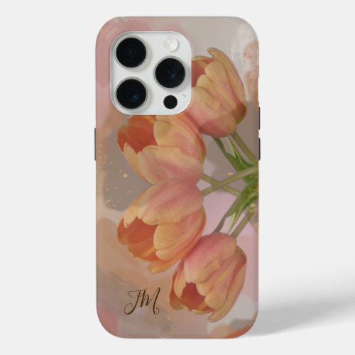 Abstract design w orange tulips  custom Initials iPhone 15 Pro Case