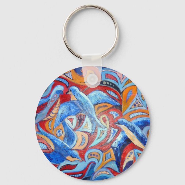 Abstract design with blue swallows with red accent keychain (Front)