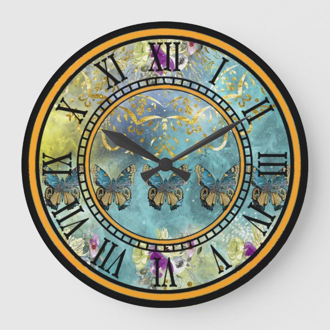 Abstract Design with Butterflies & Flowers Large Clock (Front)