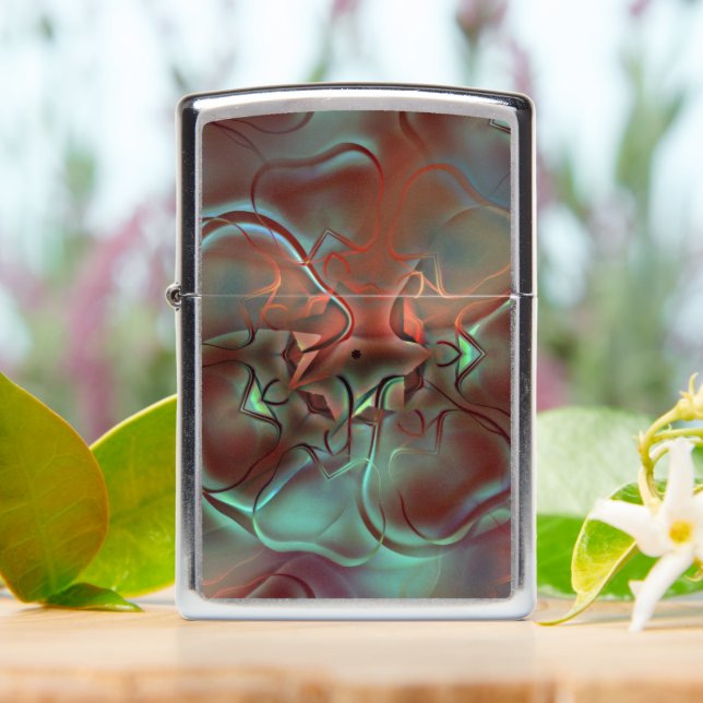 Abstract designs in frosted glass style over brown zippo lighter (On Table)
