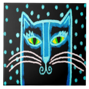 Abstract Digital Black Cat Painting Ceramic Tile