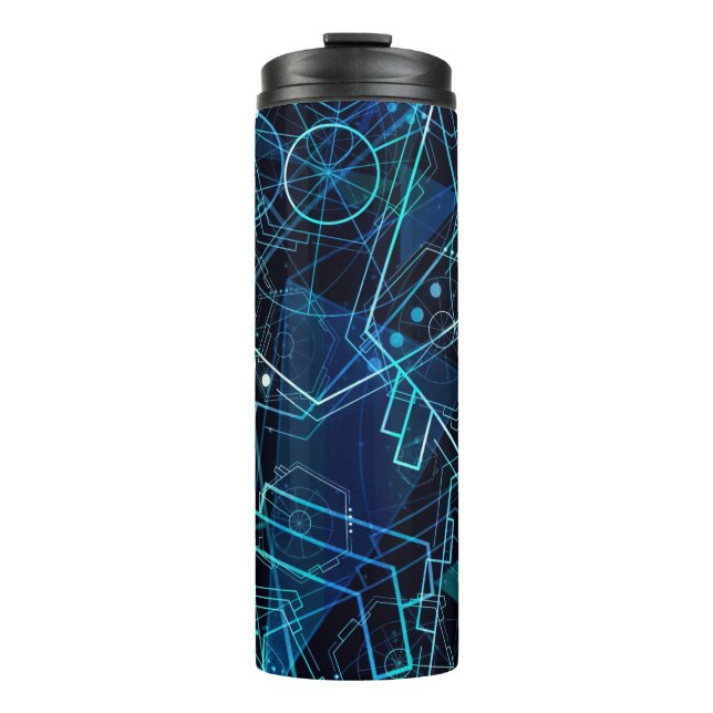 Abstract Digital Geometric Data Blue Art Thermal Tumbler (Front)