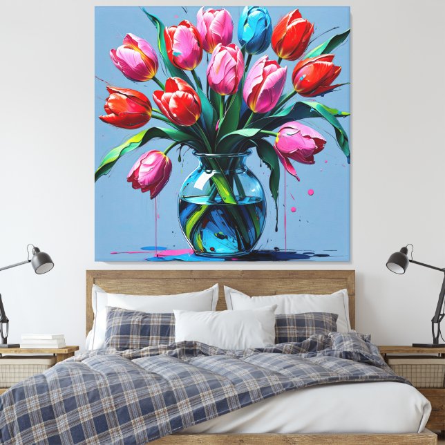 Abstract Digital Painting – Colorful Tulip Bouquet Canvas Print (Insitu(Bedroom))