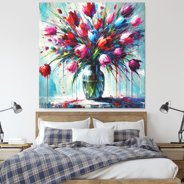 Abstract Digital Painting – Colorful Tulip Bouquet Canvas Print (Insitu(Bedroom))