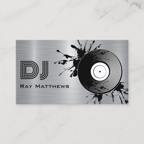 Abstract Disc DJ Faux Silver Brushed Steel Metal Business Card