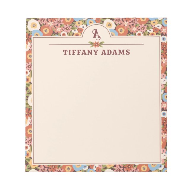 Abstract Ditsy Flowers Retro Monogram Notepad (Front)