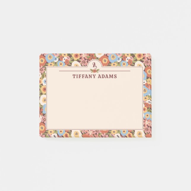 Abstract Ditsy Flowers Retro Monogram Post-it Notes (Front)