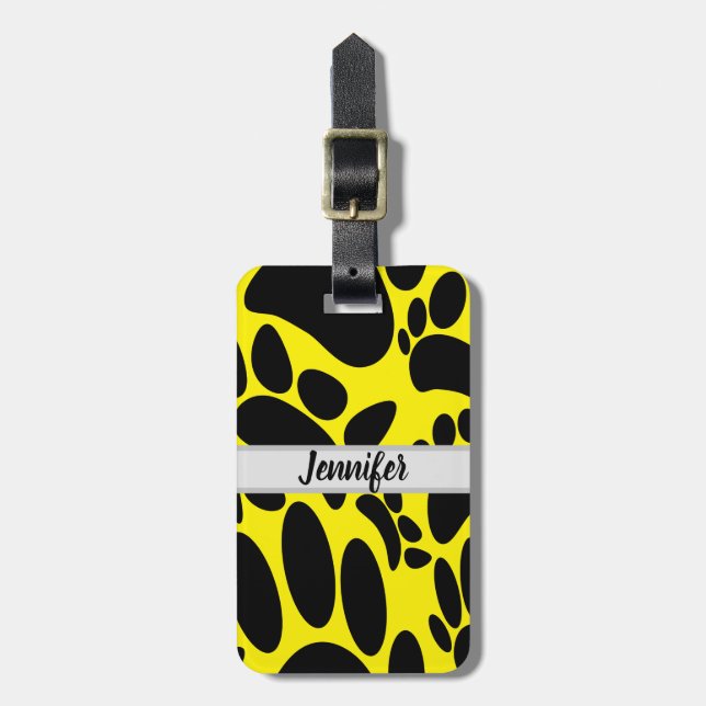 Abstract Dog Pawprint Yellow Custom Name Luggage Tag (Front Vertical)