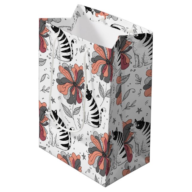 Abstract Doodle Art Style Cat Smelling Flower Medium Gift Bag (Front Angled)