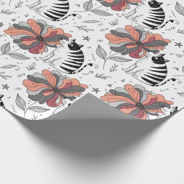 Abstract Doodle Art Style Cat Smelling Flower Wrapping Paper (Corner)
