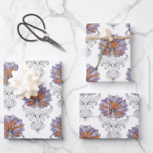 Abstract Doodle Art Style Flowers Purple Orange Wrapping Paper Sheets