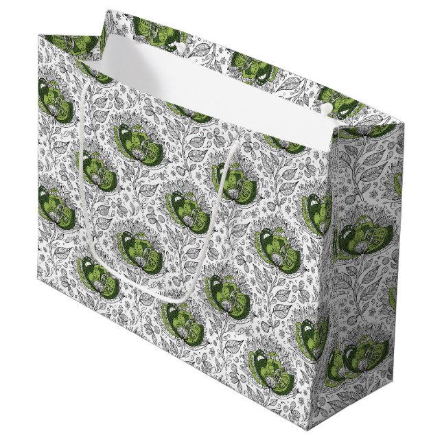 Abstract Doodle Art Style Flowers Shades of Green Large Gift Bag (Front Angled)