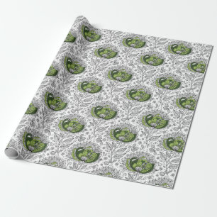 Abstract Doodle Art Style Flowers Shades of Green Wrapping Paper