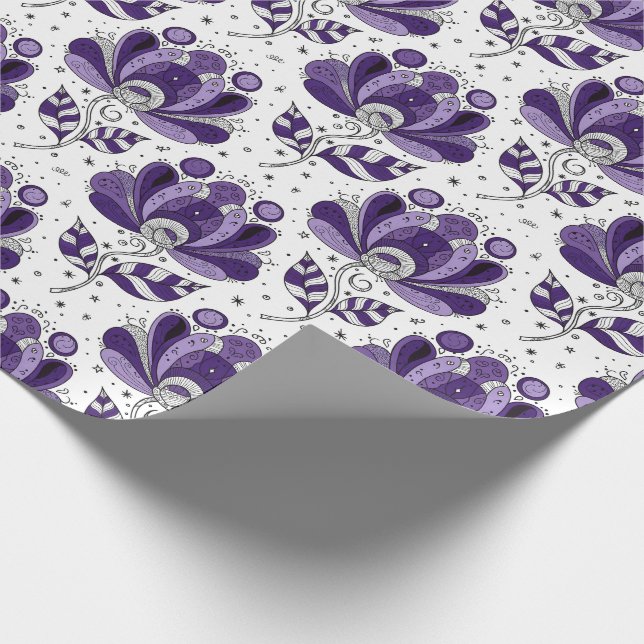 Abstract Doodle Art Style Flowers Shades of Purple Wrapping Paper (Corner)