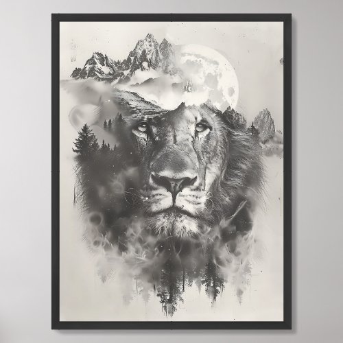 Abstract double exposure lion and mountains framed art
