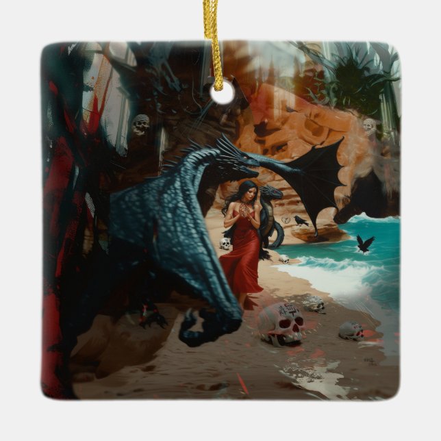 Abstract Dragon Skull Occult Dark Witchy AI Art Ceramic Ornament (Front)