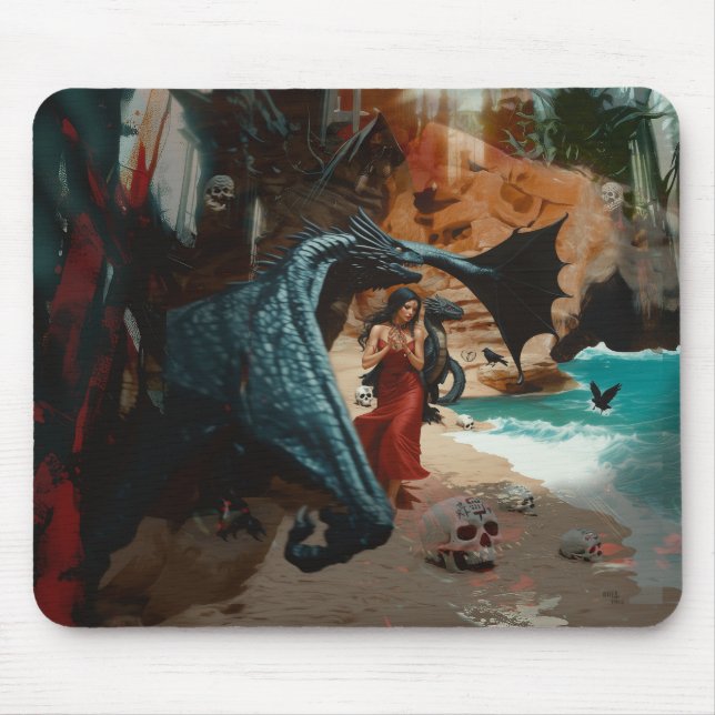 Abstract Dragon Skull Occult Dark Witchy AI Art Mouse Pad (Front)